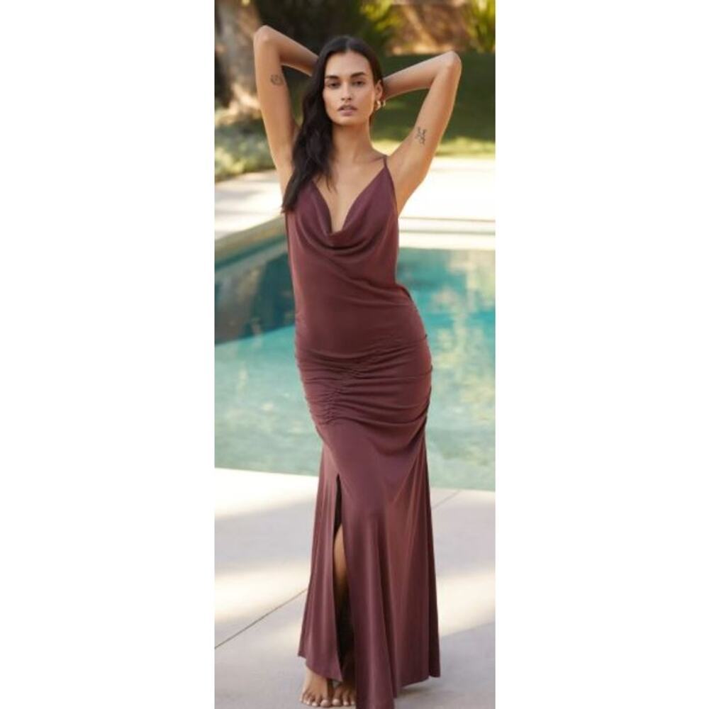 Anthropologie XXS Cowl-Neck Ruched Tie-Back Maxi Dress Cocoa Slit Hourglass